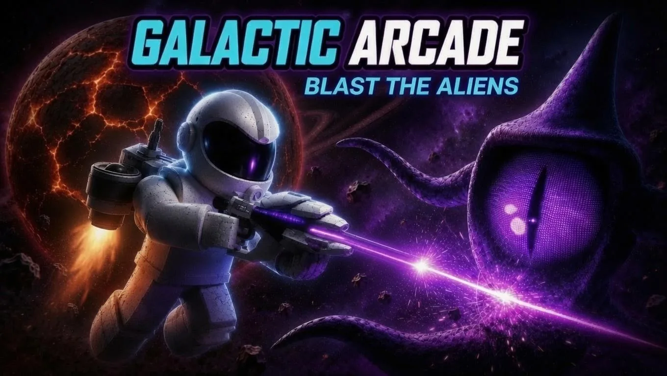 Galactic Arcade key art: an astronaut blasting a one-eyed alien