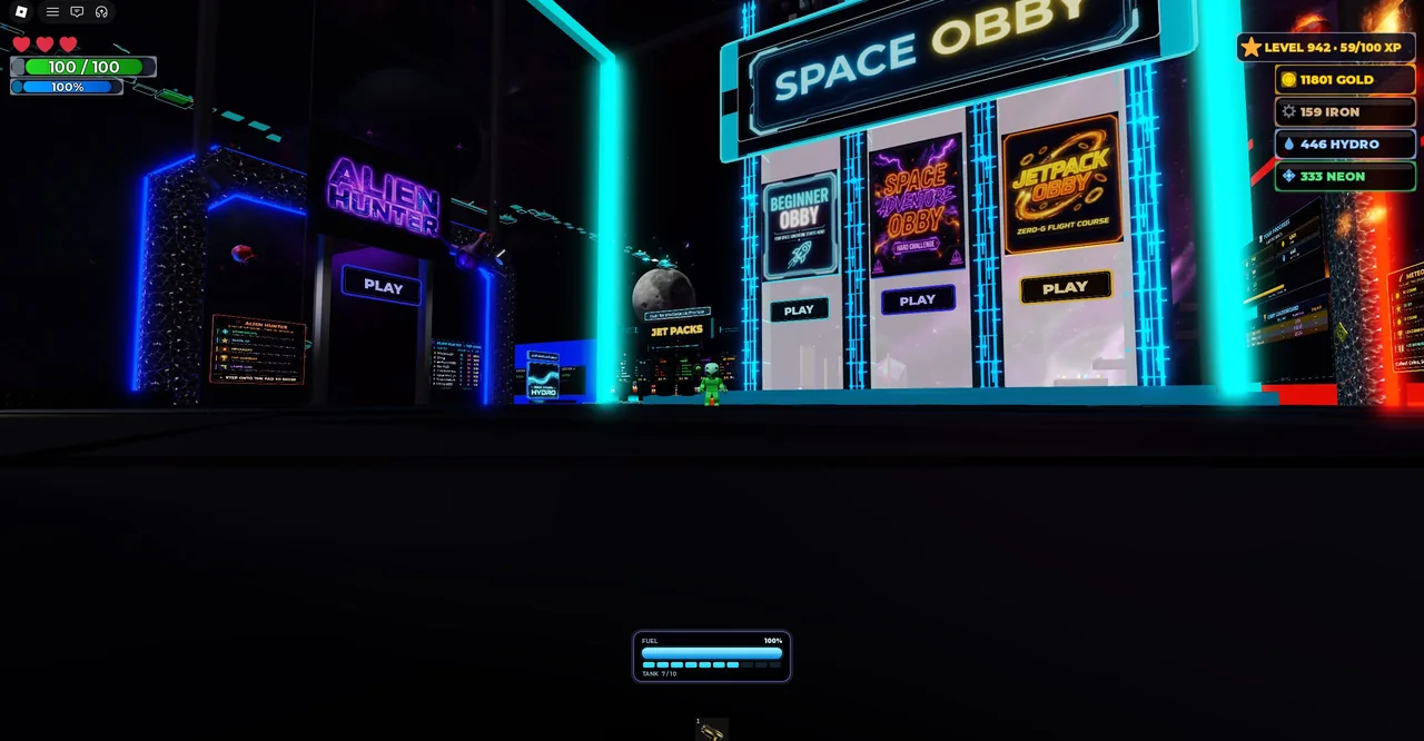Galactic Arcade lobby with Alien Hunter and Space Obby cabinets