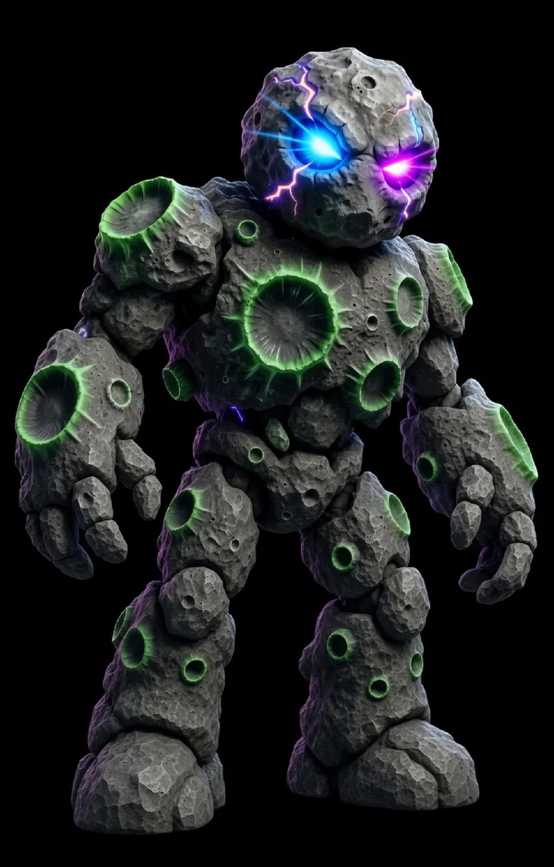 Rock golem with cratered body and lightning eyes