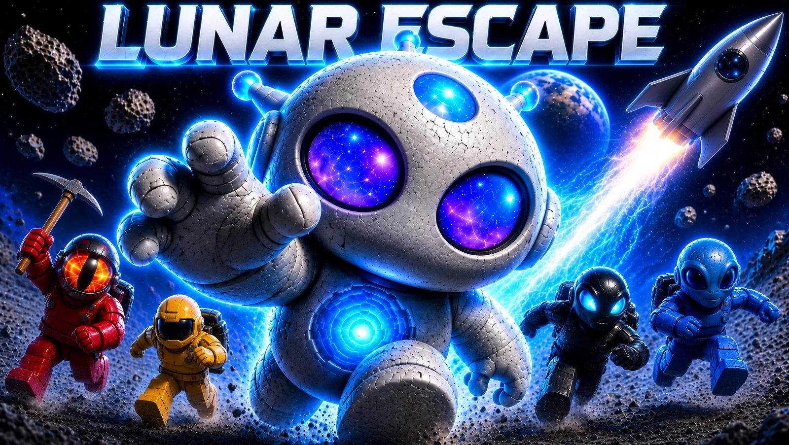 Lunar Escape key art: a baby rock alien and astronaut crew on the moon