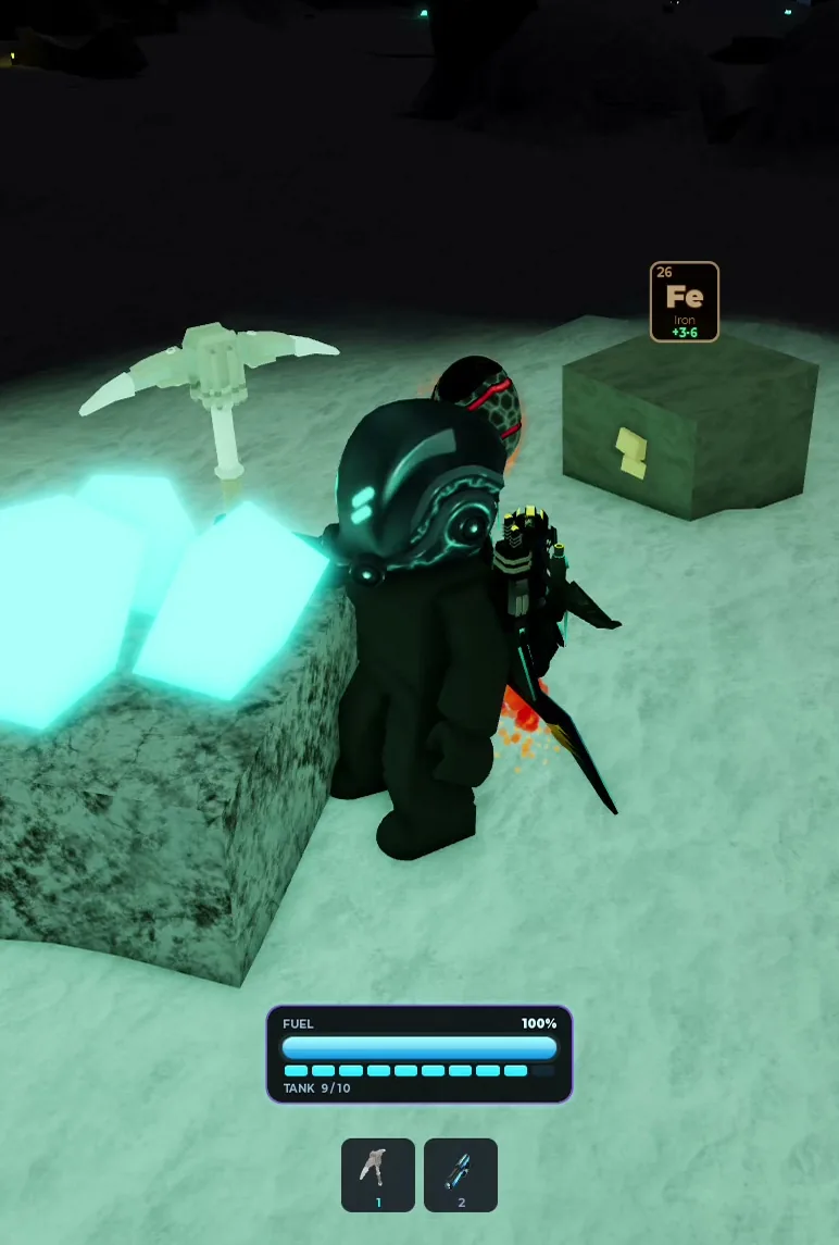 Mining glowing moon crystals next to an iron crate