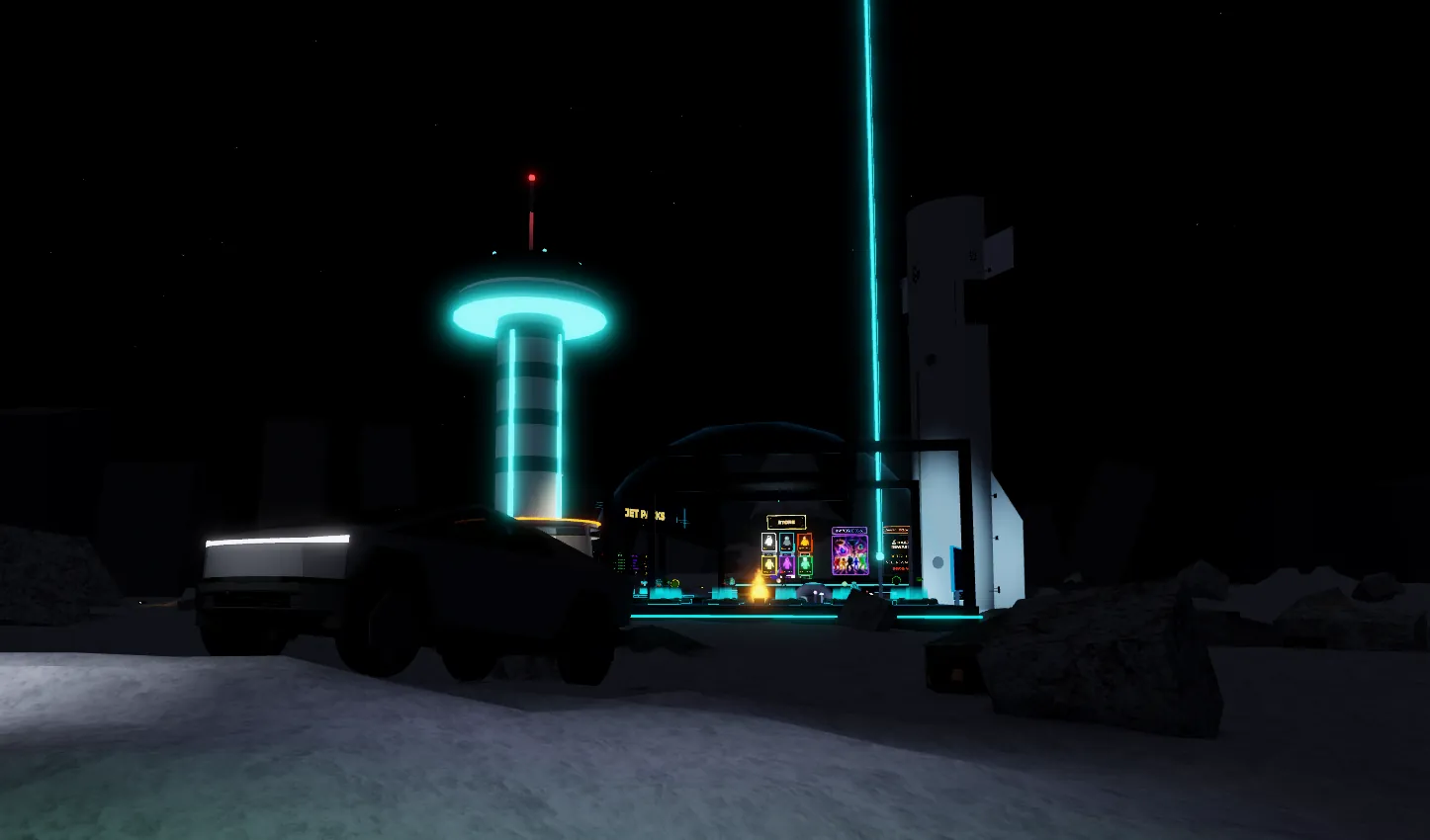 Moon truck parked at the jetpack shop under the cyan tower